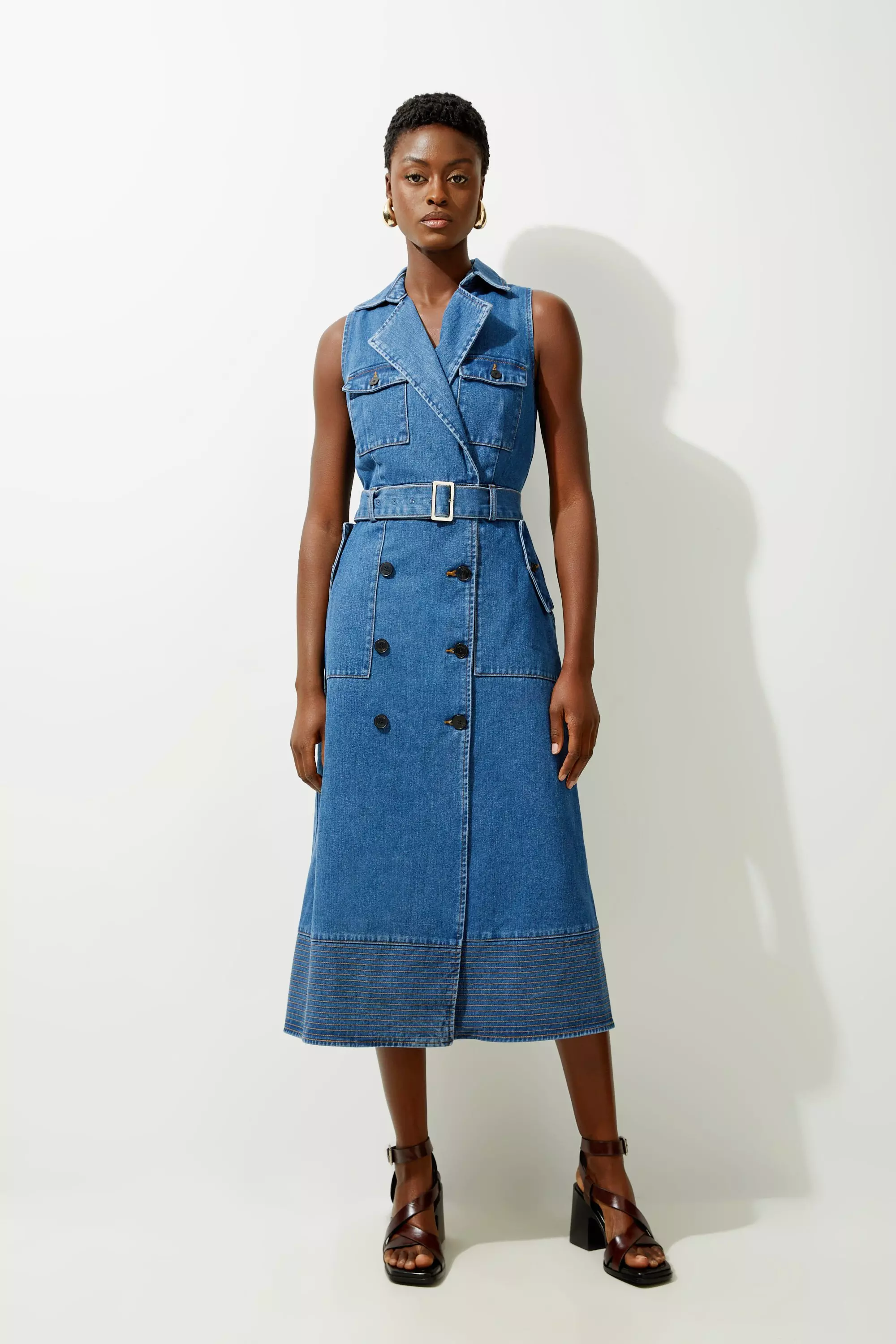 Denim Cargo Pocket Belted Sleeveless Shirt Wrap Dress Karen Millen